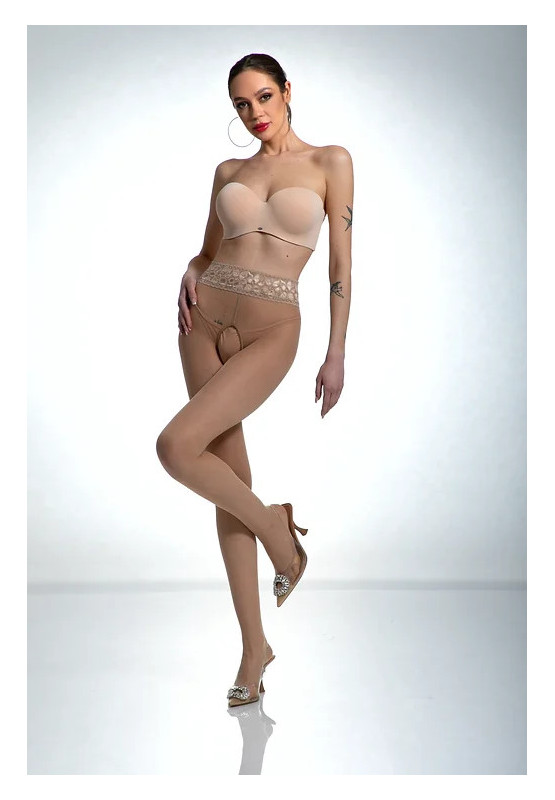 Cieliste rajstopy Amour Hip Lace z dziurą w kroku z koronką