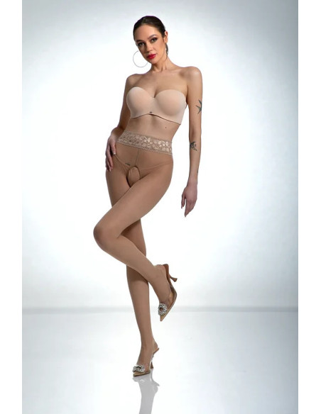 Cieliste rajstopy Amour Hip Lace z dziurą w kroku z koronką
