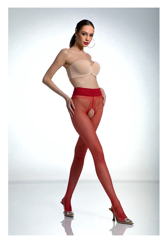 Czerwone rajstopy Amour Hip Lace z dziurą w kroku z koronką