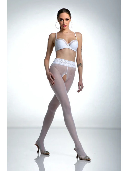Białe rajstopy Amour Hip Lace z dziurą w kroku z koronką