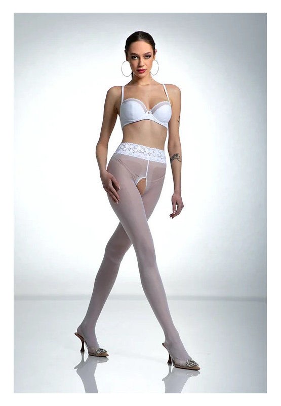 Białe rajstopy Amour Hip Lace z dziurą w kroku z koronką
