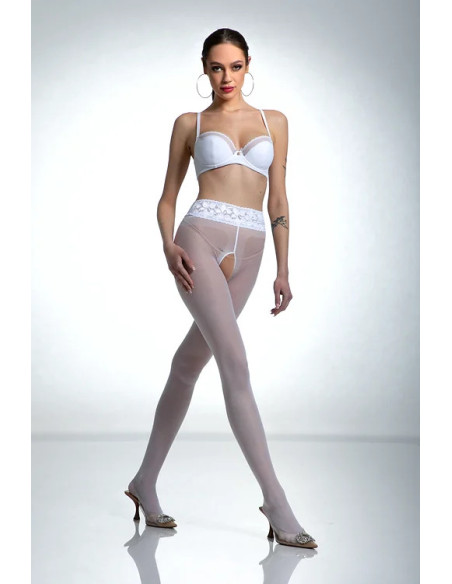 Białe rajstopy Amour Hip Lace z dziurą w kroku z koronką