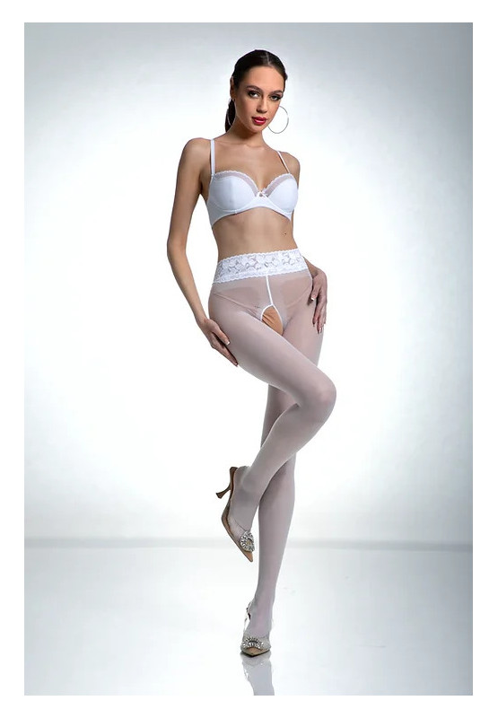 Białe rajstopy Amour Hip Lace z dziurą w kroku z koronką