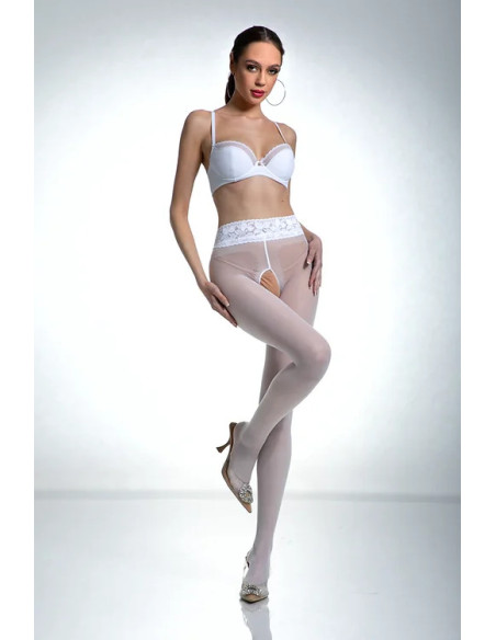 Białe rajstopy Amour Hip Lace z dziurą w kroku z koronką