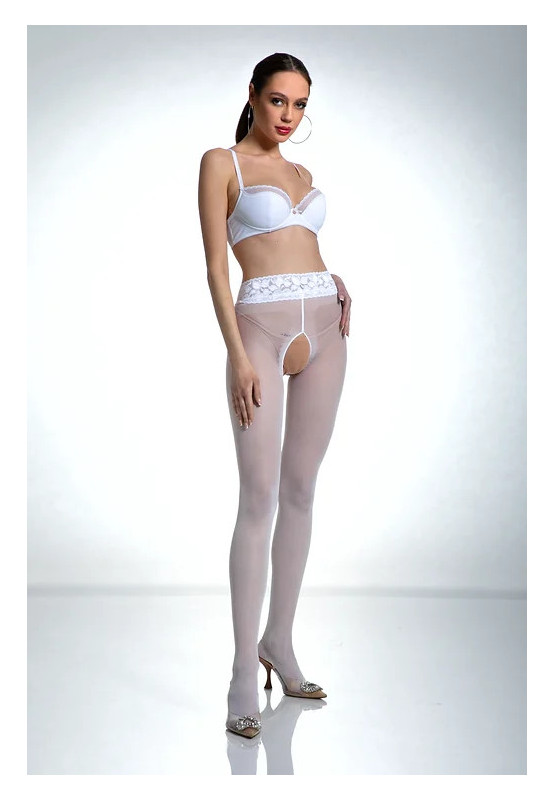 Białe rajstopy Amour Hip Lace z dziurą w kroku z koronką