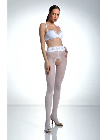 Białe rajstopy Amour Hip Lace z dziurą w kroku z koronką